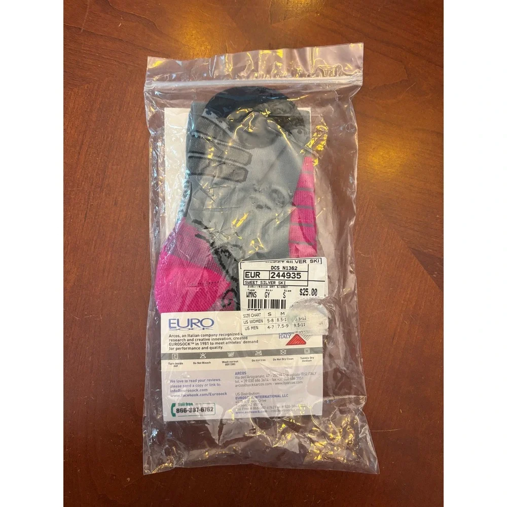 EURO Women's Sweet Silver Ski Socks Gray Pink Size Small New NWT Winter Athletic